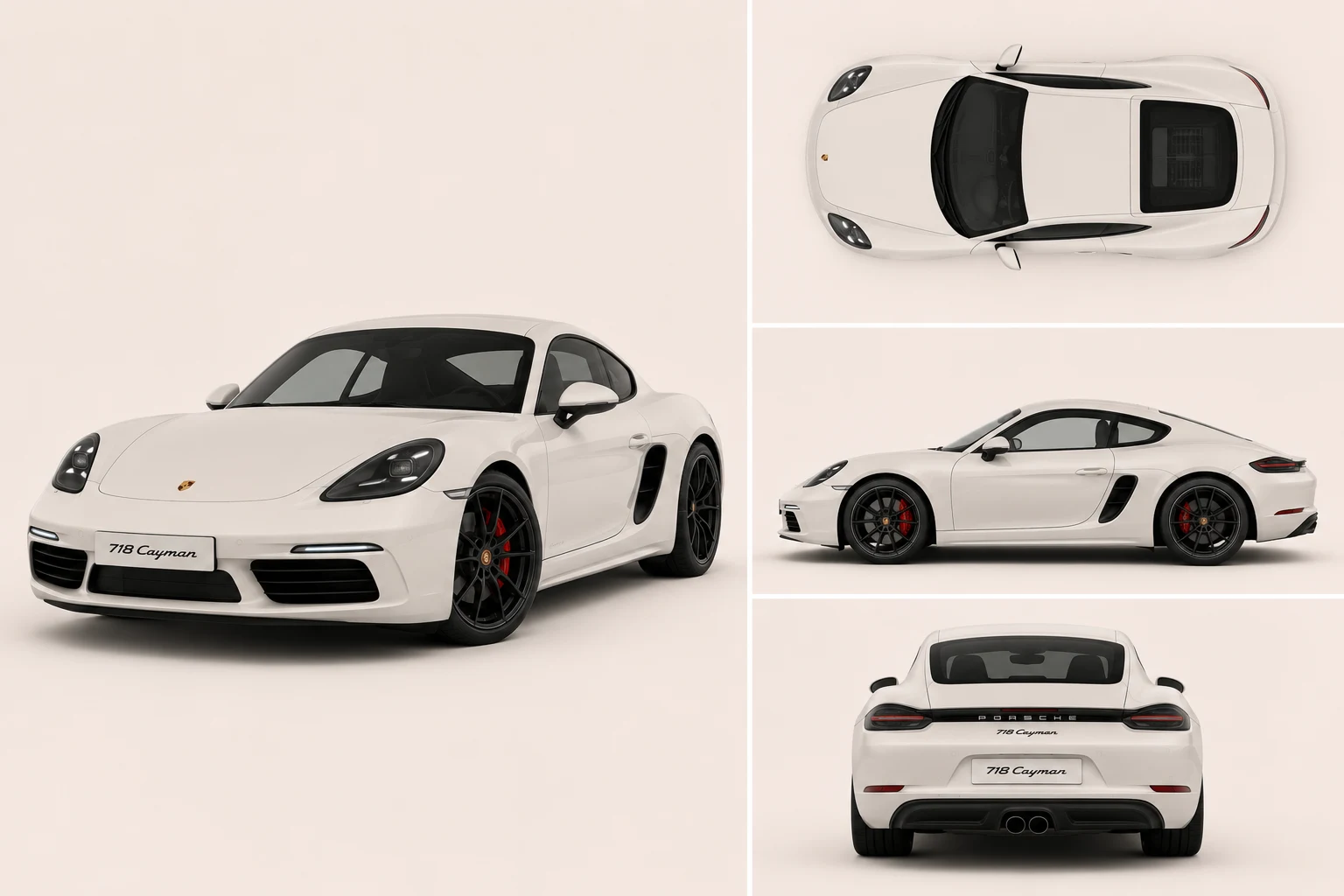 718 Cayman in Warm White: three-quarter, top, profile and rear views