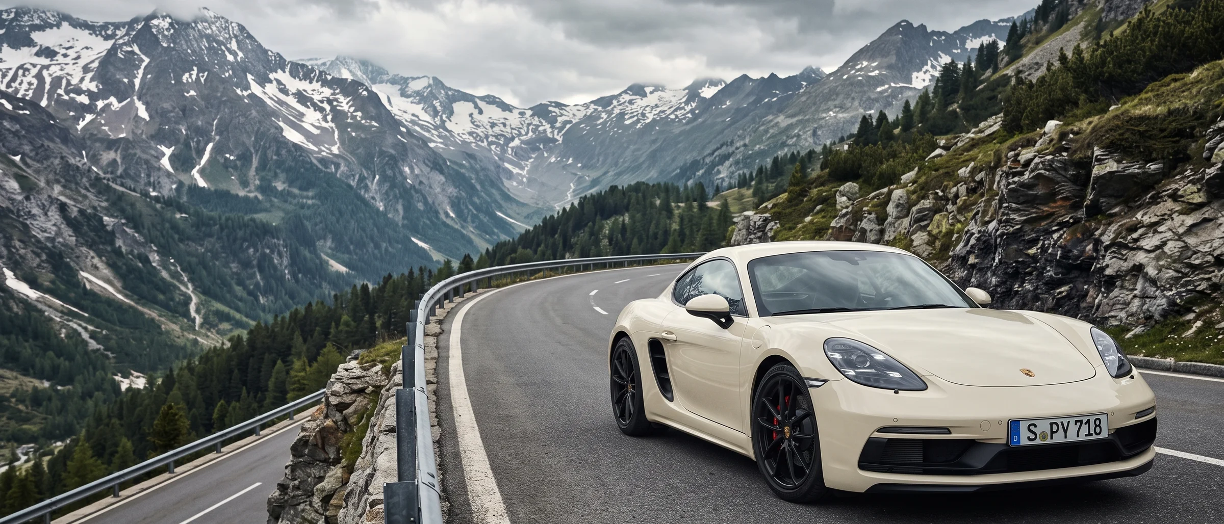 718 Cayman in Warm White on a mountain pass