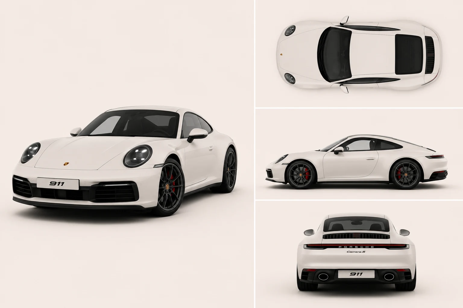 911 in Pearl Ivory White: three-quarter, top, profile and rear views