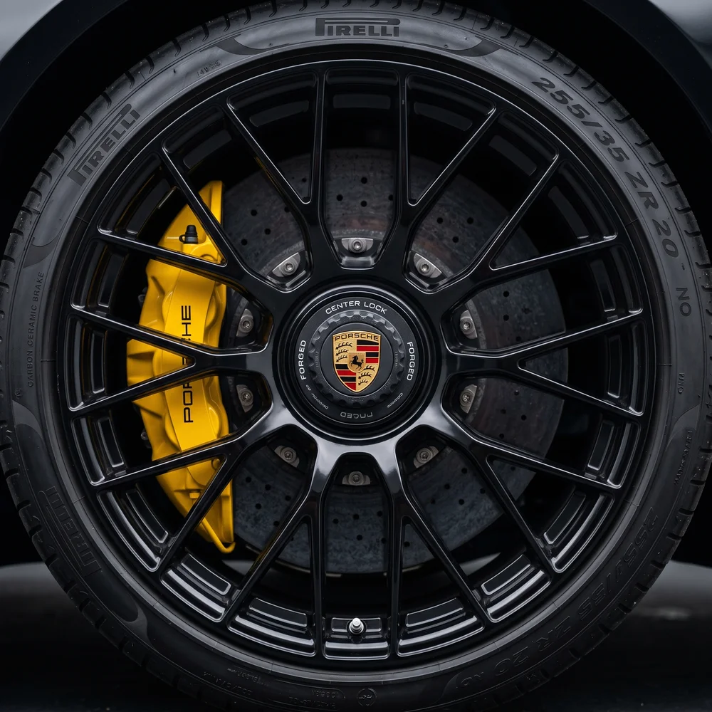 Close-up of a 911 wheel and brake caliper