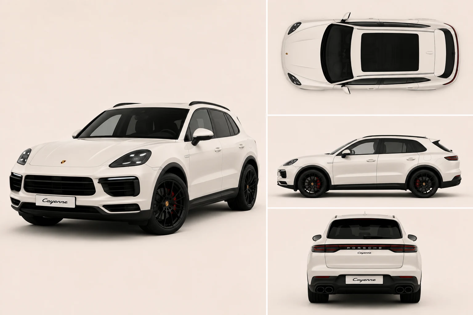 Cayenne in Warm Cream: three-quarter, top, profile and rear views