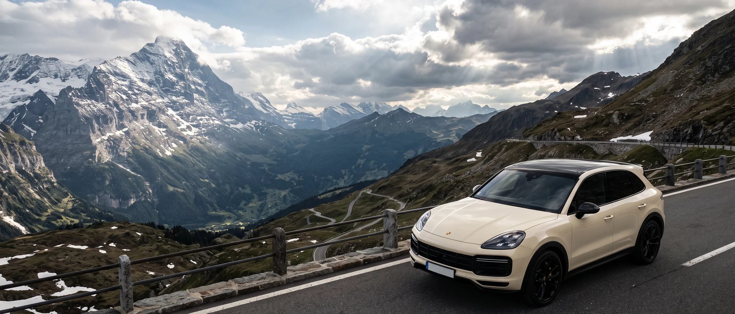 Cayenne in Warm Cream on a mountain road
