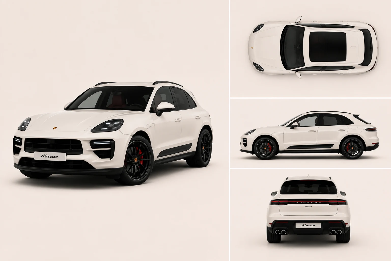 Macan in Ivory White: three-quarter, top, profile and rear views