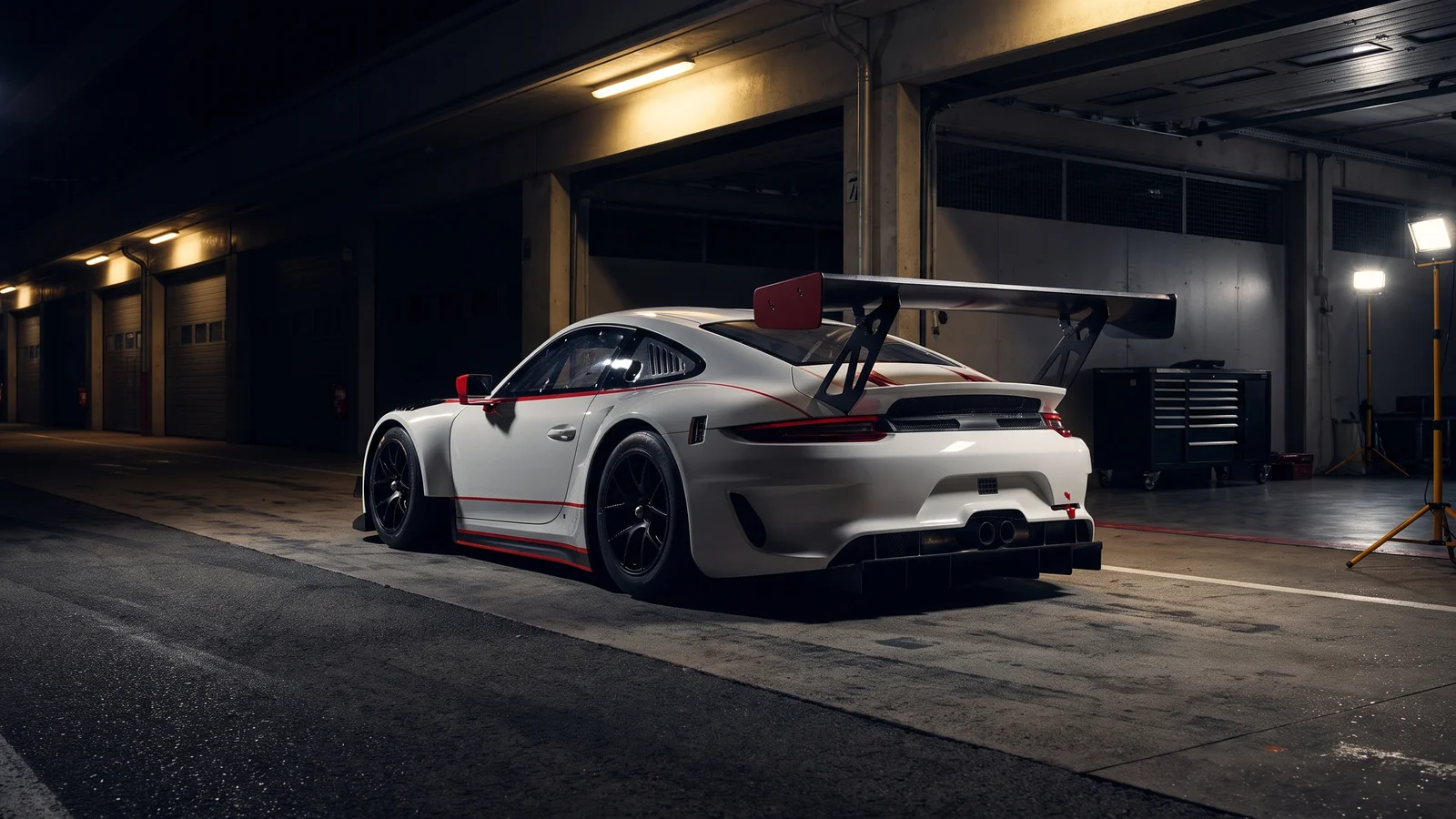 Race car in a floodlit pit lane during a night stint