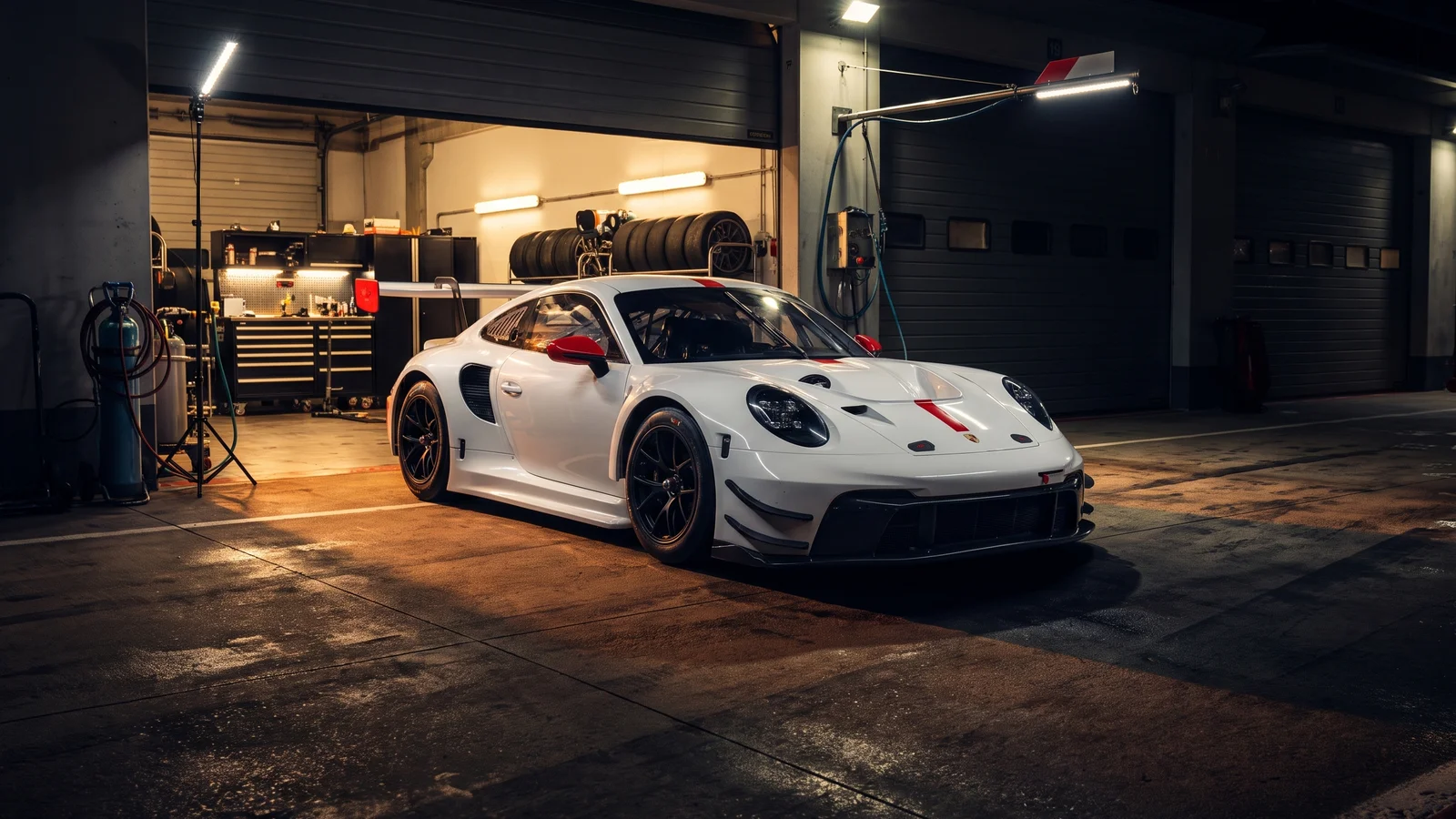 Engineers working on a race car in a garage