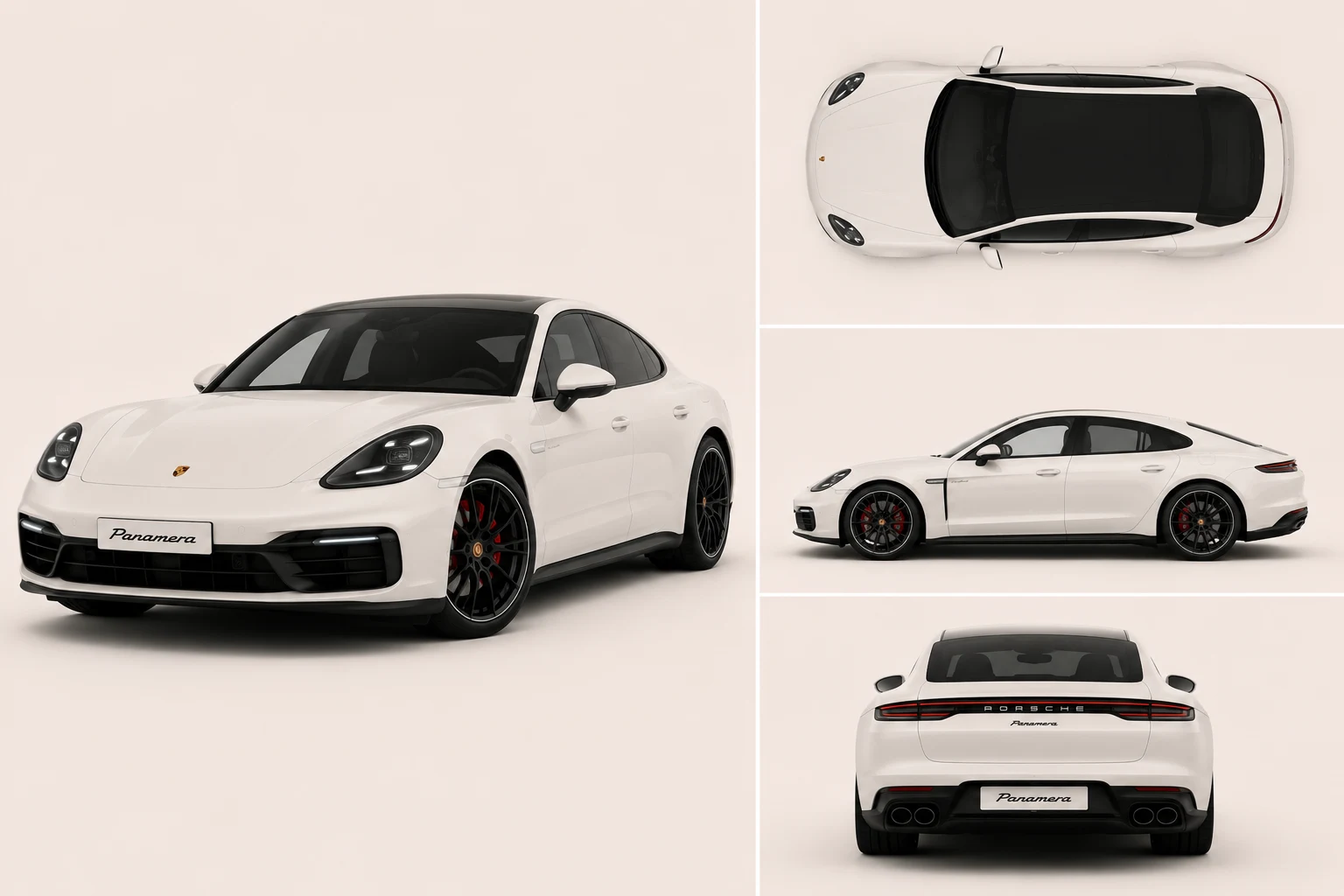 Panamera in Pearl White: three-quarter, top, profile and rear views