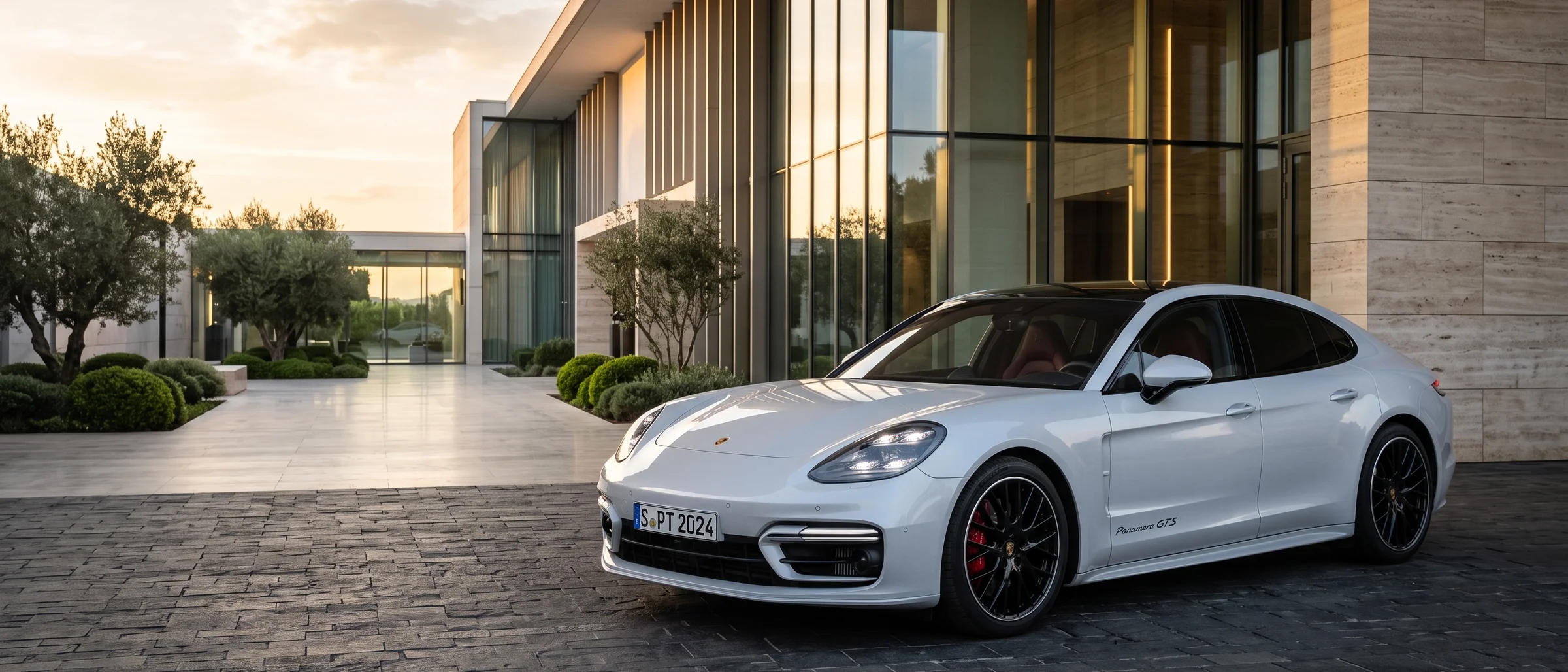 Panamera in Pearl White in front of modern architecture
