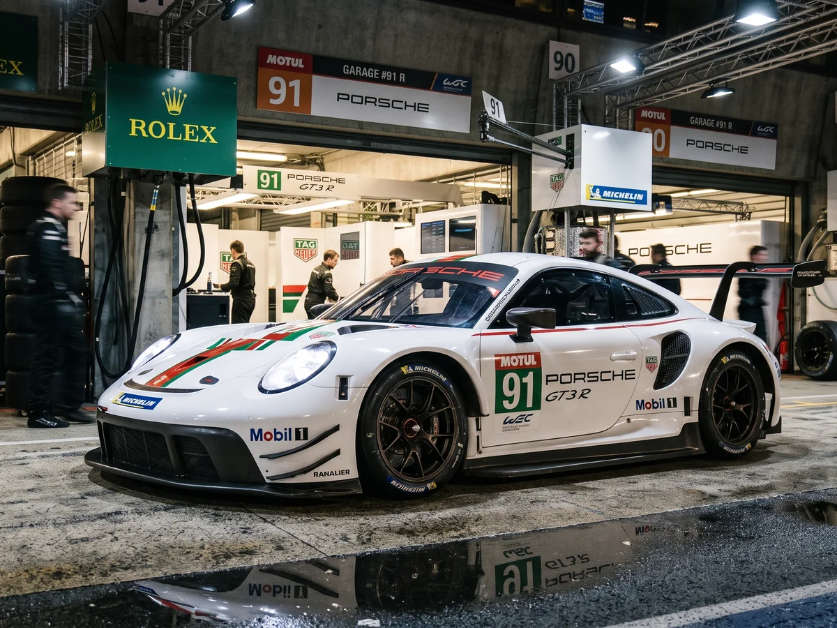 Race car in a pit lane during an endurance race