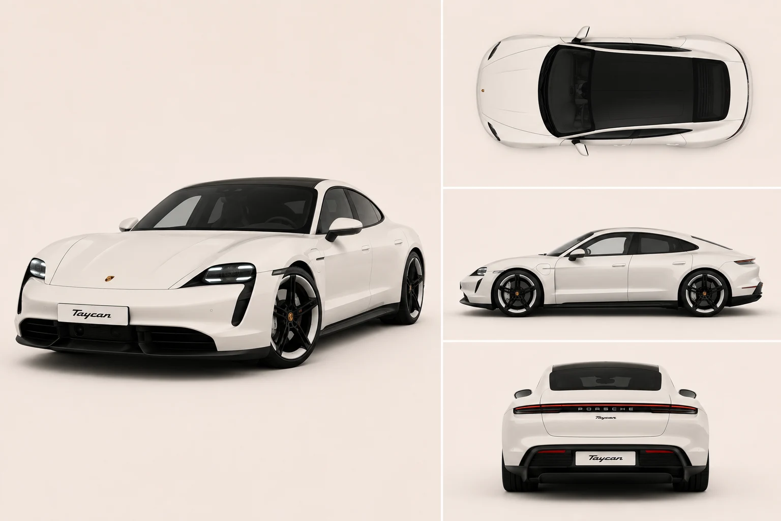 Taycan in Champagne White: three-quarter, top, profile and rear views