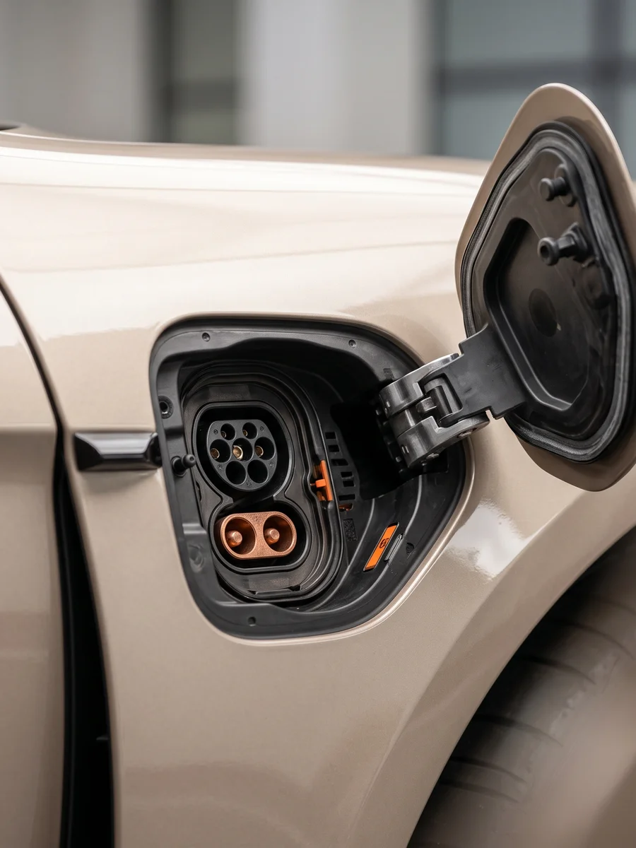 Close-up of a charging port on an electric Porsche